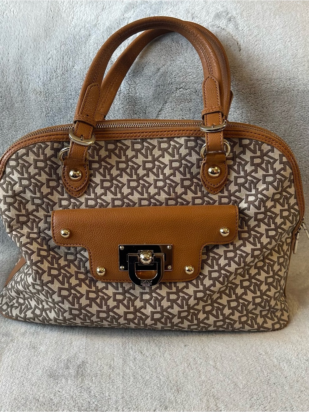 DKNY Brown/Tan Monogram Satchel with Gold-Tone Hardware